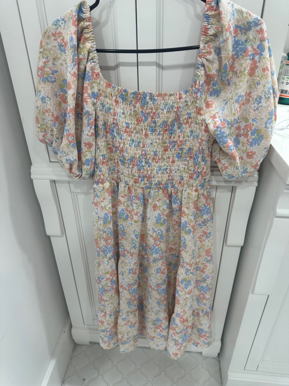 SHEIN Cream Floral Smocked Puff-Sleeve Dress - Blue Pink Green